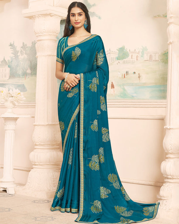 Vishal Prints Dark Teal Blue Designer Patterned Chiffon Saree With Foil Print And Printed Fancy Border