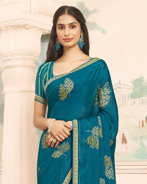 Vishal Prints Dark Teal Blue Designer Patterned Chiffon Saree With Foil Print And Printed Fancy Border