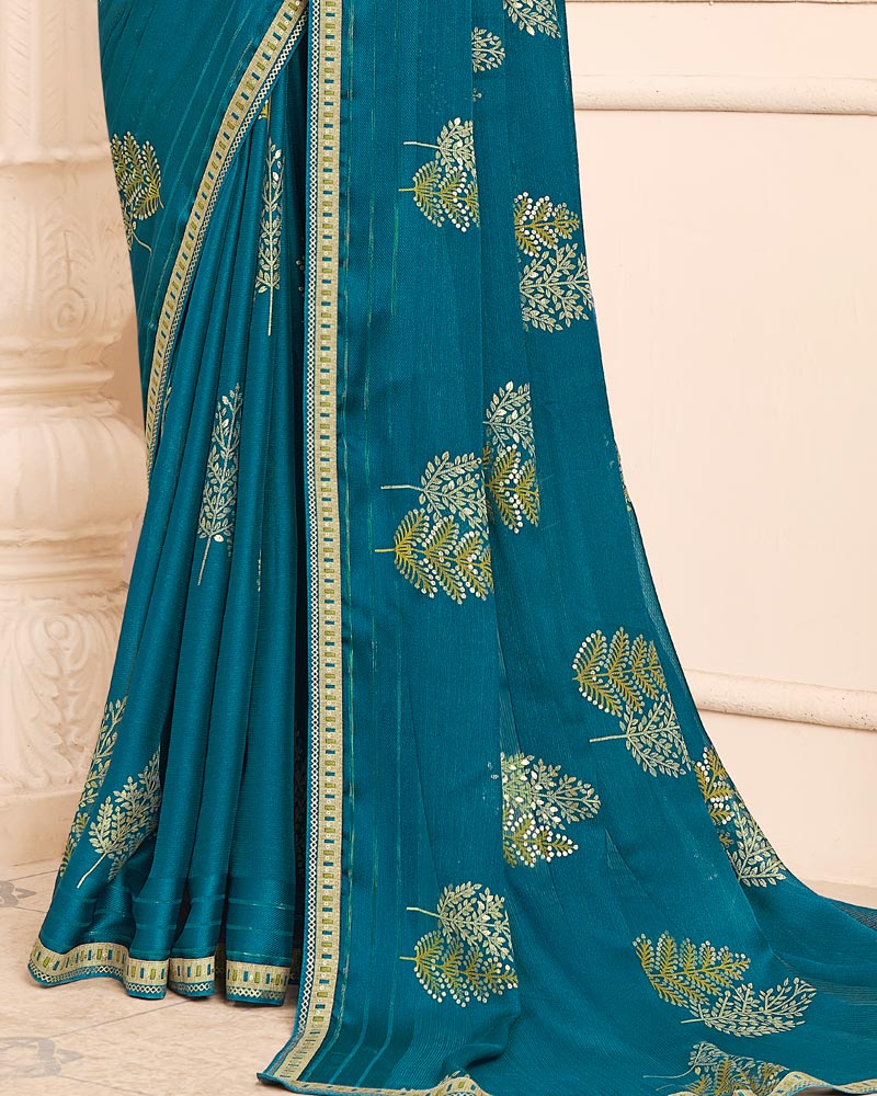 Vishal Prints Dark Teal Blue Designer Patterned Chiffon Saree With Foil Print And Printed Fancy Border