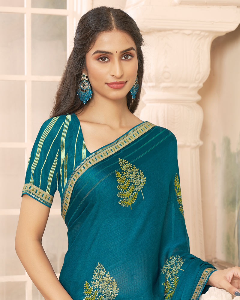 Vishal Prints Dark Teal Blue Designer Patterned Chiffon Saree With Foil Print And Printed Fancy Border