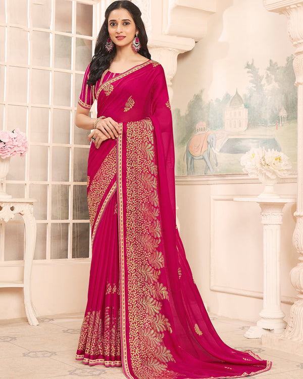 Vishal Prints Crimson Red Designer Patterned Chiffon Saree With Foil Print And Printed Fancy Border