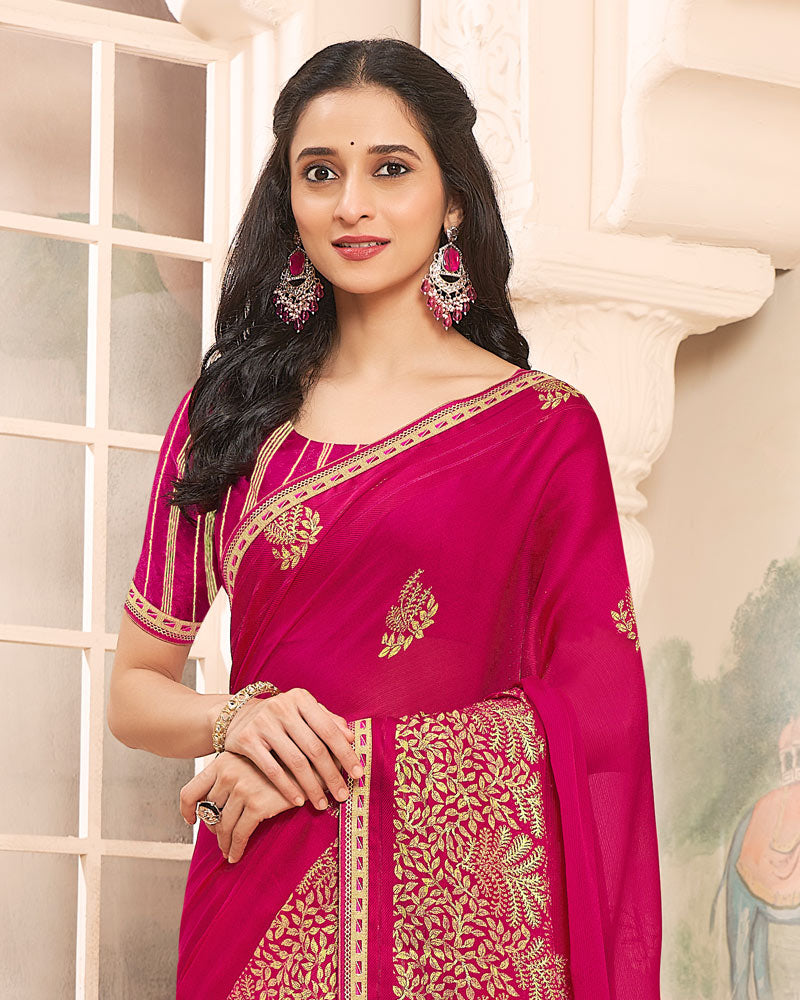 Vishal Prints Crimson Red Designer Patterned Chiffon Saree With Foil Print And Printed Fancy Border