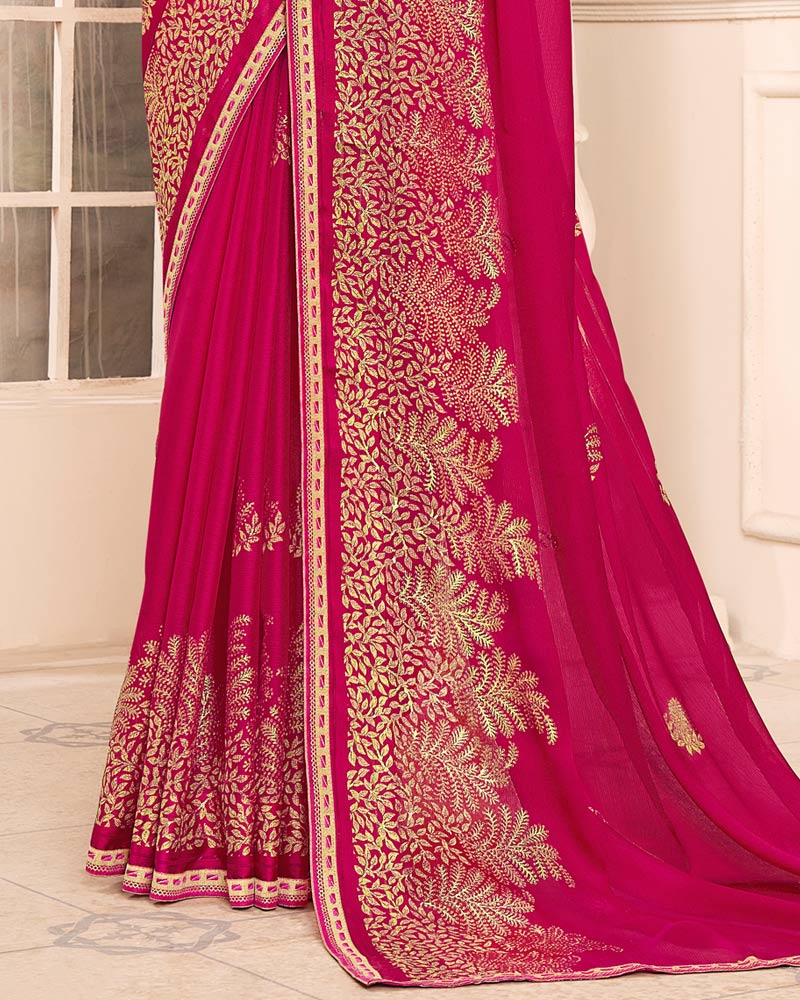 Vishal Prints Crimson Red Designer Patterned Chiffon Saree With Foil Print And Printed Fancy Border