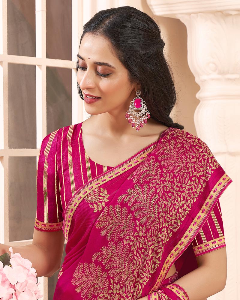 Vishal Prints Crimson Red Designer Patterned Chiffon Saree With Foil Print And Printed Fancy Border