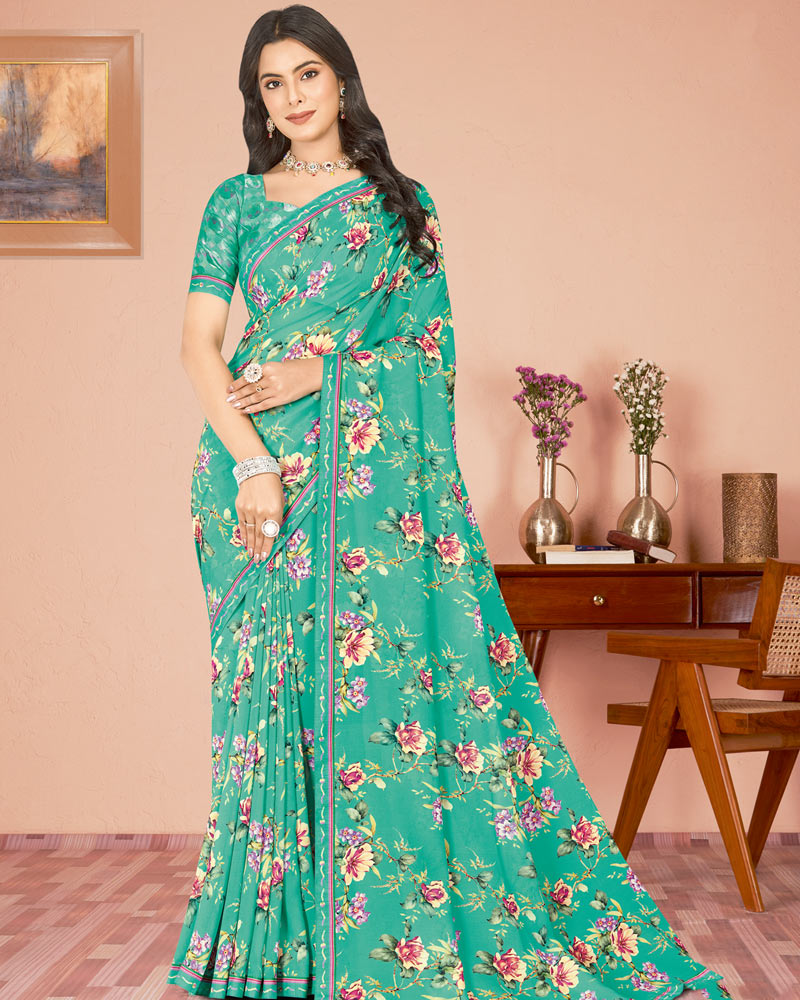 Vishal Prints Light Sea Green Digital Print Criva Georgette Saree With Fancy Border