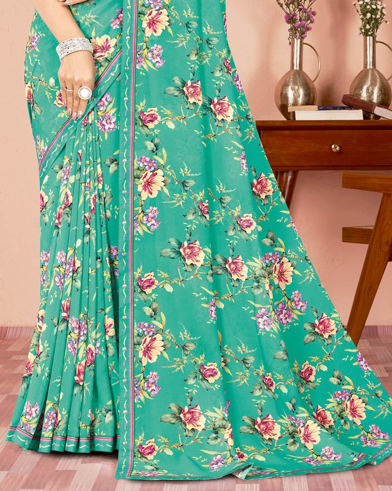 Vishal Prints Light Sea Green Digital Print Criva Georgette Saree With Fancy Border