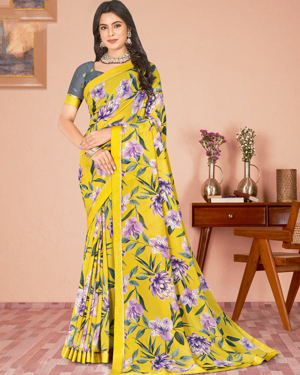 Vishal Prints Golden Yellow Digital Print Criva Georgette Saree With Fancy Border