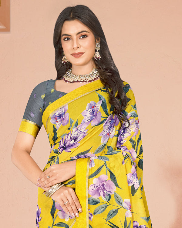 Vishal Prints Golden Yellow Digital Print Criva Georgette Saree With Fancy Border