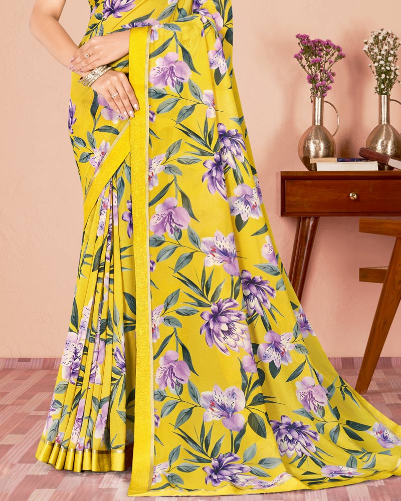 Vishal Prints Golden Yellow Digital Print Criva Georgette Saree With Fancy Border