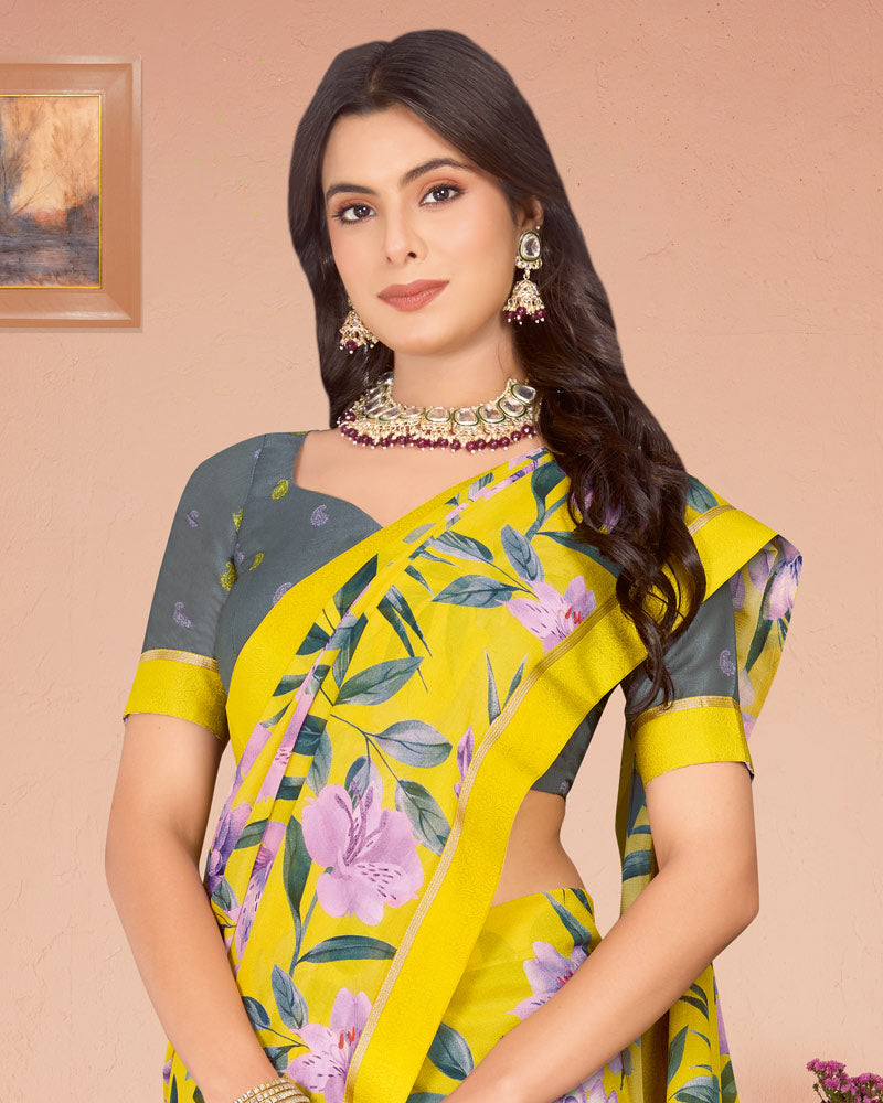 Vishal Prints Golden Yellow Digital Print Criva Georgette Saree With Fancy Border
