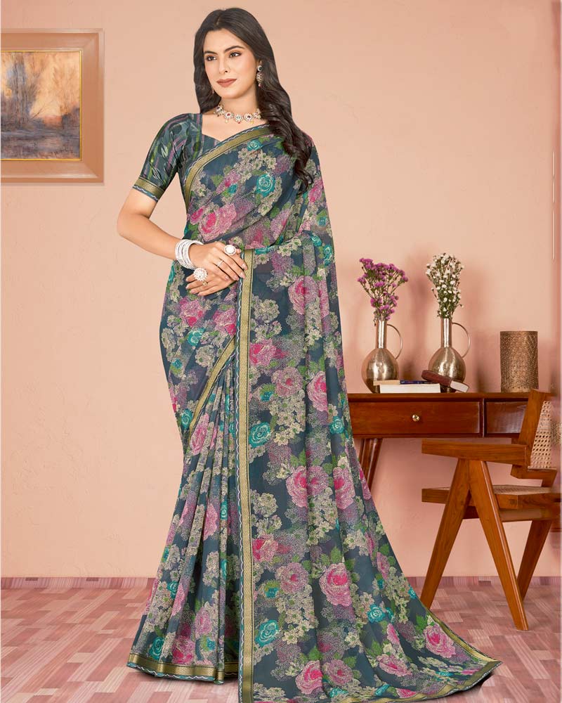 Vishal Prints Charcoal Grey Digital Print Criva Georgette Saree With Fancy Border