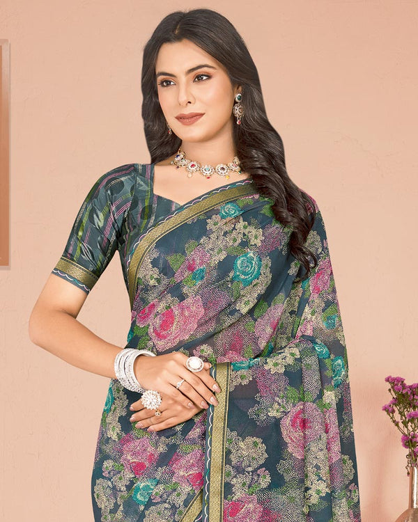Vishal Prints Charcoal Grey Digital Print Criva Georgette Saree With Fancy Border