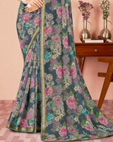 Vishal Prints Charcoal Grey Digital Print Criva Georgette Saree With Fancy Border