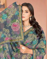 Vishal Prints Charcoal Grey Digital Print Criva Georgette Saree With Fancy Border