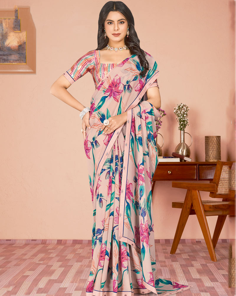 Vishal Prints Light Pastel Pink Digital Print Criva Georgette Saree With Fancy Border