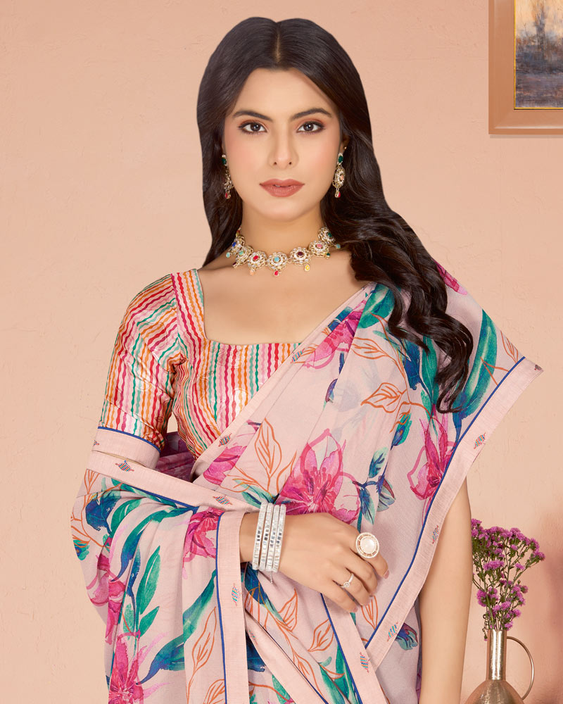 Vishal Prints Light Pastel Pink Digital Print Criva Georgette Saree With Fancy Border