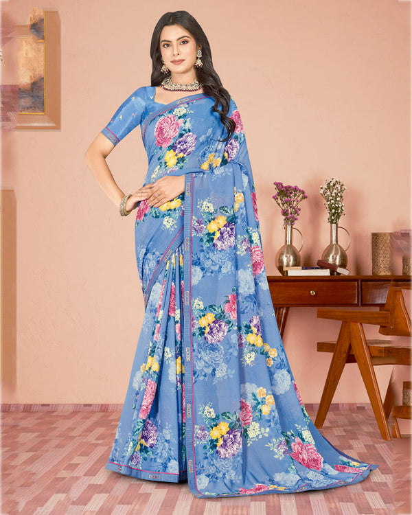 Vishal Prints Dark Pastel Blue Digital Print Criva Georgette Saree With Fancy Border