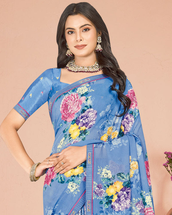 Vishal Prints Dark Pastel Blue Digital Print Criva Georgette Saree With Fancy Border