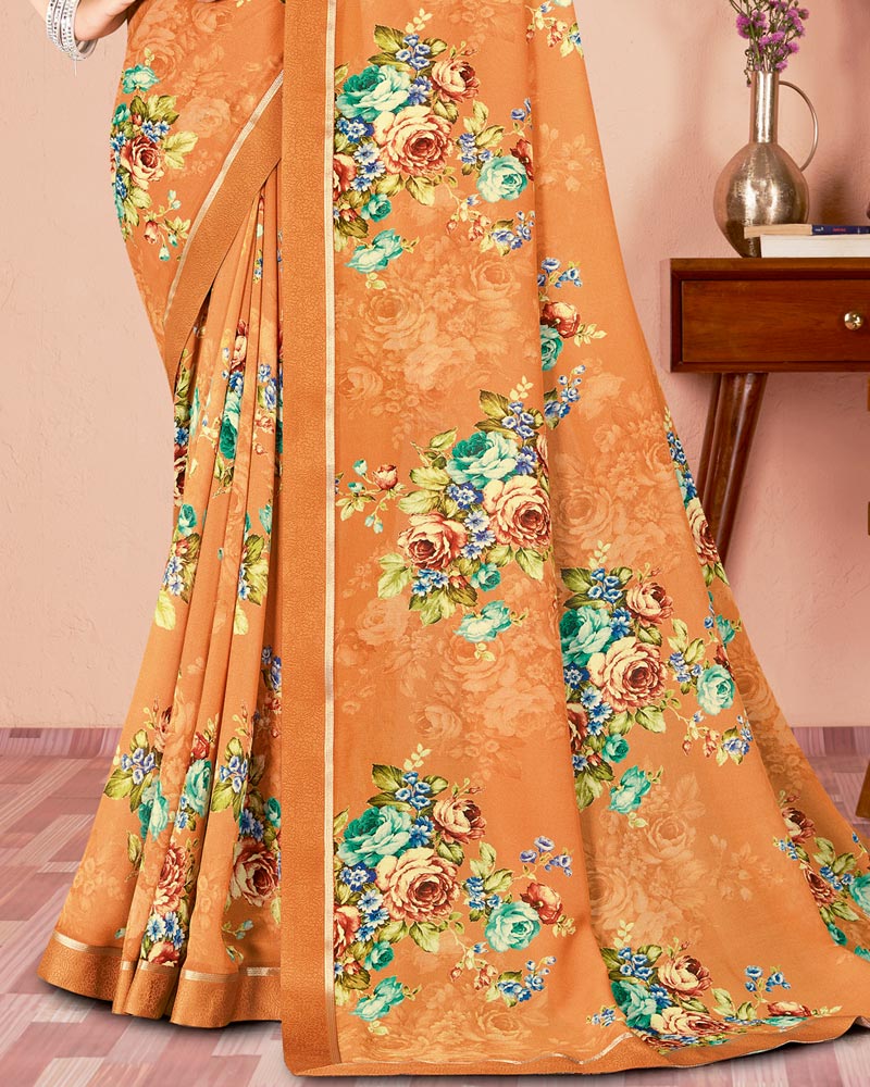 Vishal Prints Faded Orange Digital Print Criva Georgette Saree With Fancy Border