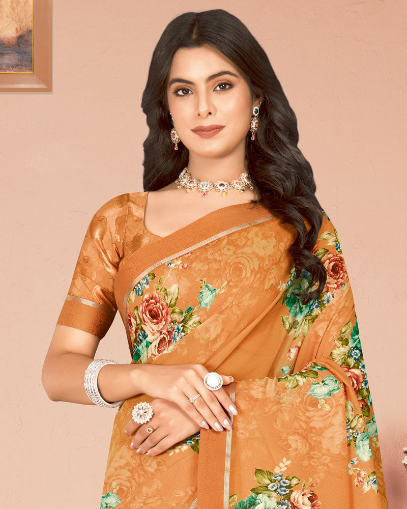 Vishal Prints Faded Orange Digital Print Criva Georgette Saree With Fancy Border