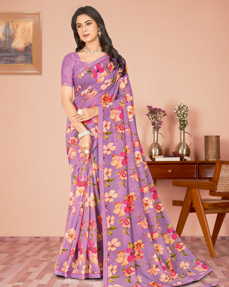 Vishal Prints Dusty Lavender Digital Print Criva Georgette Saree With Fancy Border