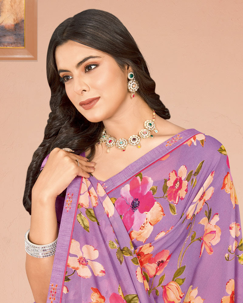 Vishal Prints Dusty Lavender Digital Print Criva Georgette Saree With Fancy Border