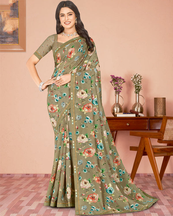Vishal Prints Khaki Green Digital Print Criva Georgette Saree With Fancy Border
