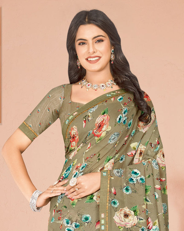 Vishal Prints Khaki Green Digital Print Criva Georgette Saree With Fancy Border