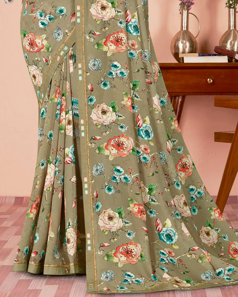 Vishal Prints Khaki Green Digital Print Criva Georgette Saree With Fancy Border