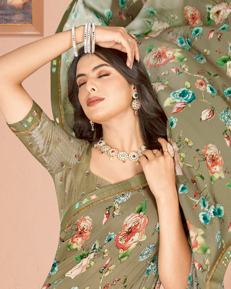 Vishal Prints Khaki Green Digital Print Criva Georgette Saree With Fancy Border