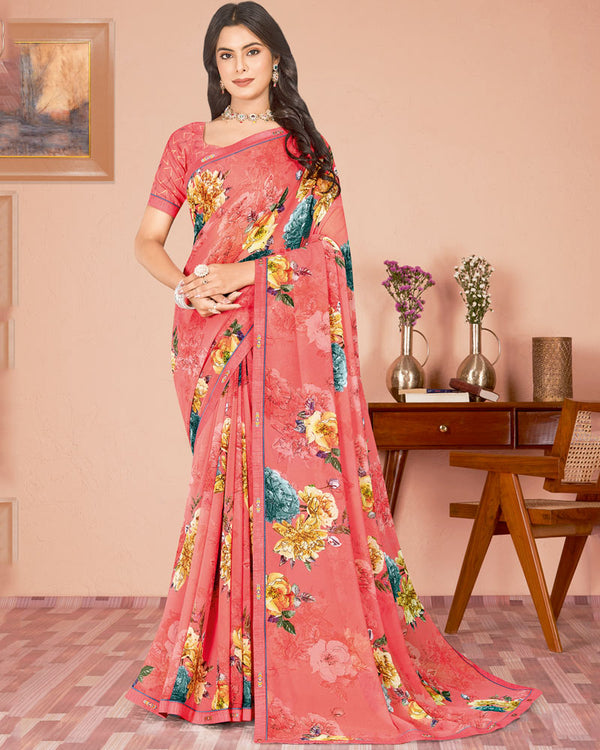Vishal Prints Light Coral Digital Print Criva Georgette Saree With Fancy Border