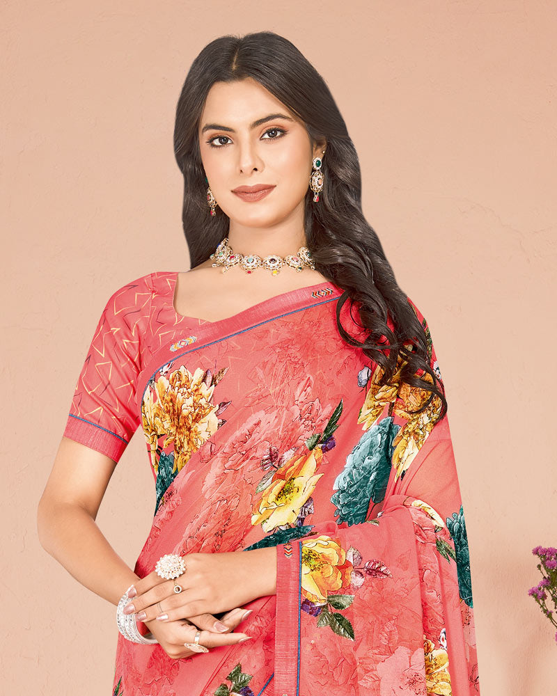 Vishal Prints Light Coral Digital Print Criva Georgette Saree With Fancy Border
