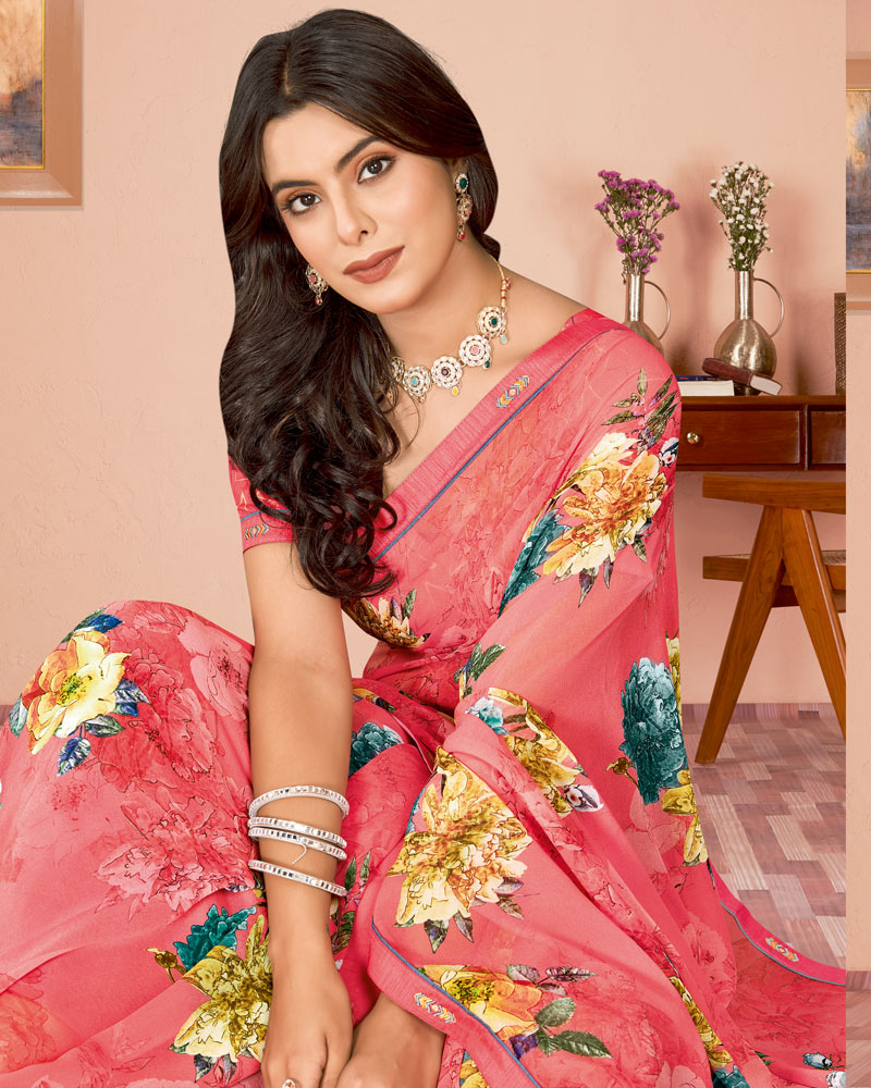 Vishal Prints Light Coral Digital Print Criva Georgette Saree With Fancy Border