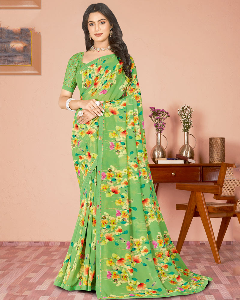 Vishal Prints Fern Green Digital Print Criva Georgette Saree With Fancy Border