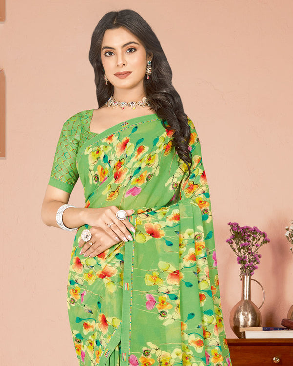 Vishal Prints Fern Green Digital Print Criva Georgette Saree With Fancy Border
