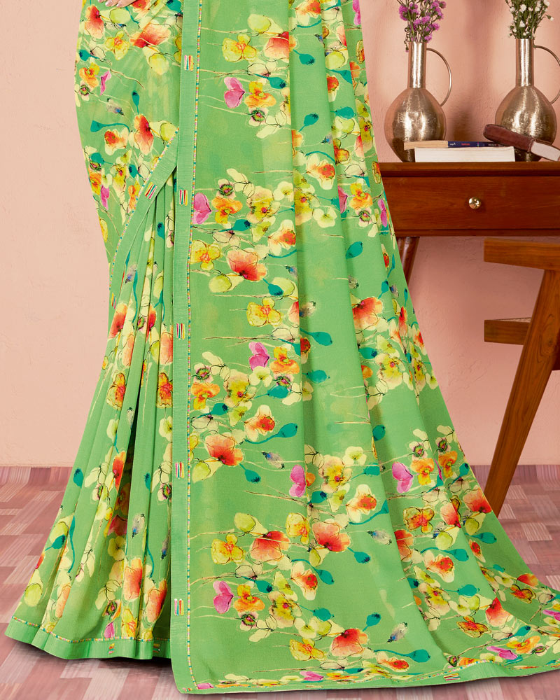 Vishal Prints Fern Green Digital Print Criva Georgette Saree With Fancy Border