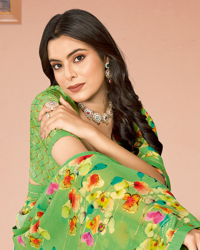 Vishal Prints Fern Green Digital Print Criva Georgette Saree With Fancy Border