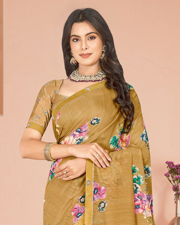 Vishal Prints Sandy Brown Digital Print Criva Georgette Saree With Fancy Border