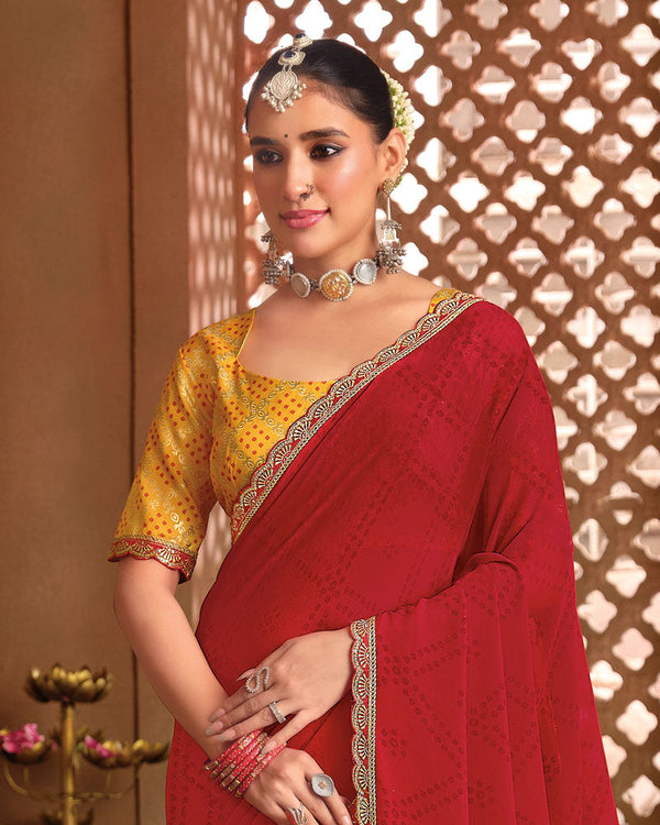 Vishal Prints Cardinal Red Printed Georgette Saree With Fancy Border