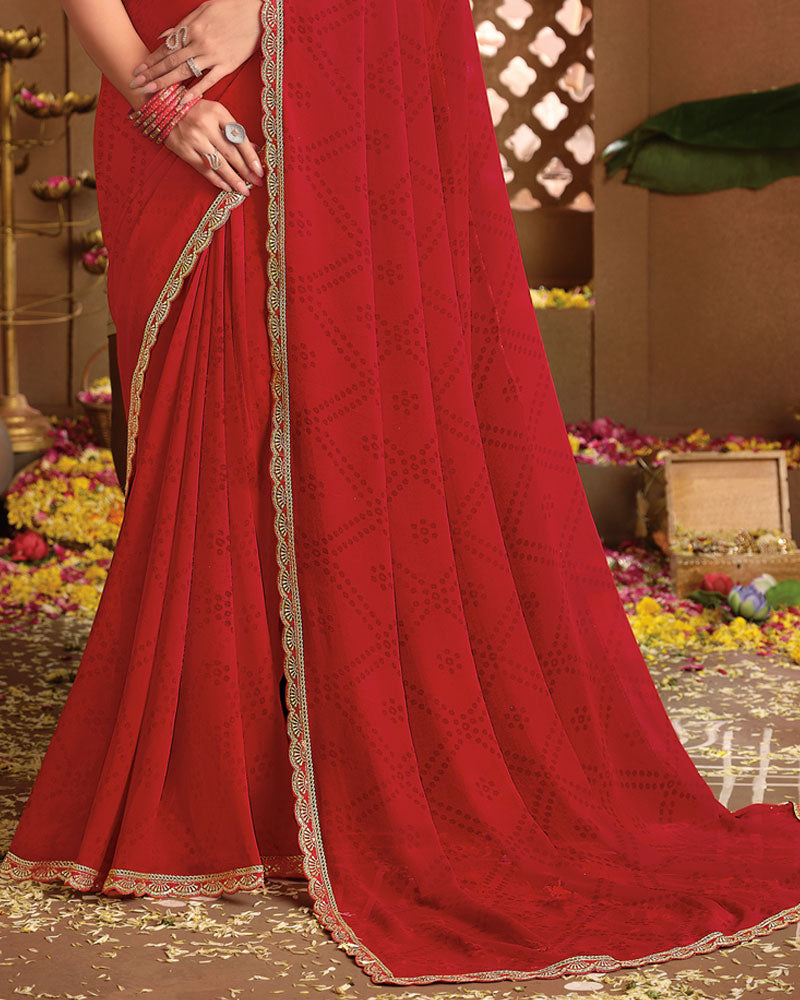 Vishal Prints Cardinal Red Printed Georgette Saree With Fancy Border