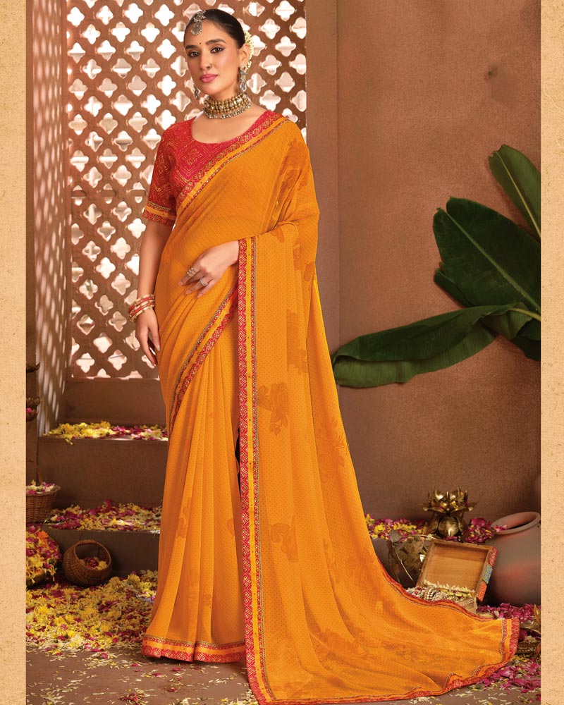 Vishal Prints Dusty Orange Printed Georgette Saree With Fancy Border