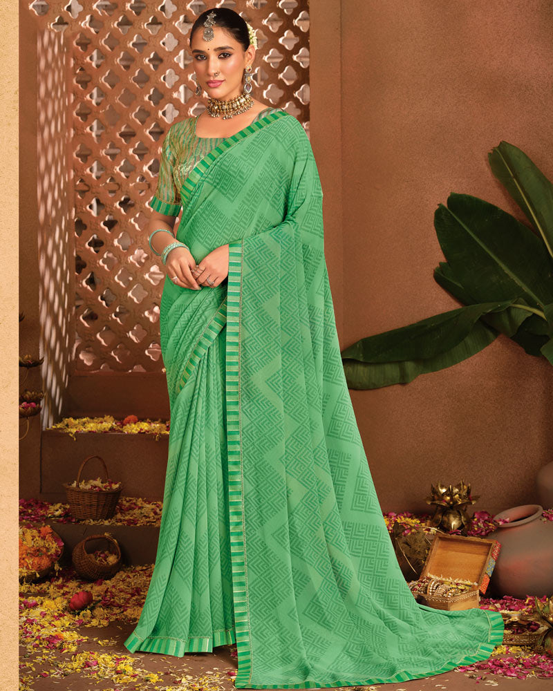 Vishal Prints Dusty Green Printed Georgette Saree With Fancy Border