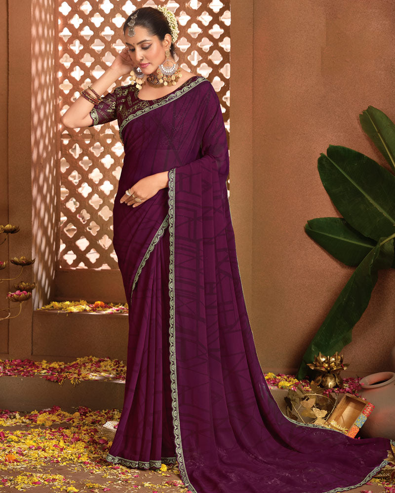 Vishal Prints Dark Wine Berry Printed Georgette Saree With Fancy Border