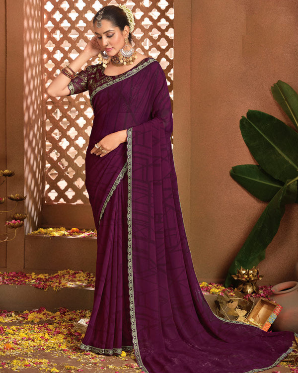Vishal Prints Dark Wine Berry Printed Georgette Saree With Fancy Border