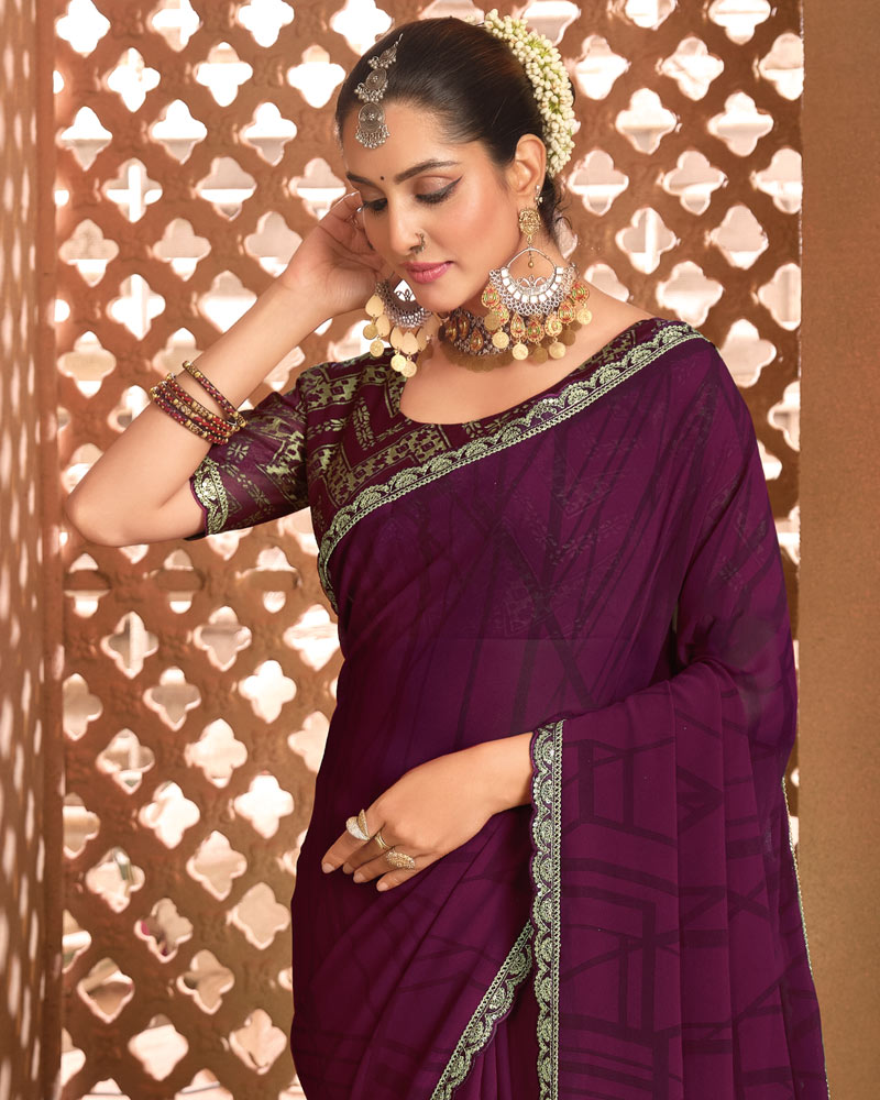 Vishal Prints Dark Wine Berry Printed Georgette Saree With Fancy Border