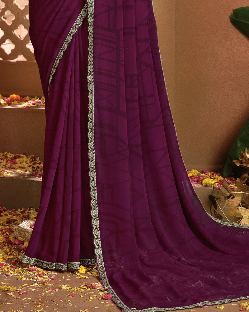 Vishal Prints Dark Wine Berry Printed Georgette Saree With Fancy Border