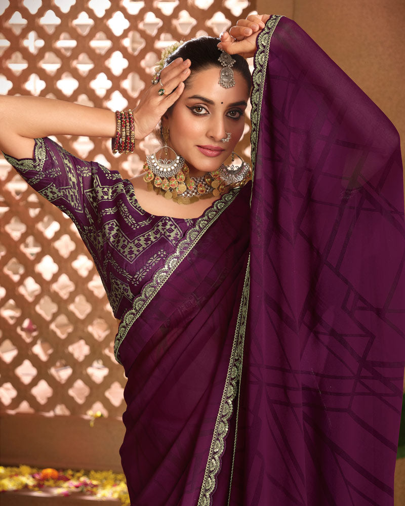 Vishal Prints Dark Wine Berry Printed Georgette Saree With Fancy Border