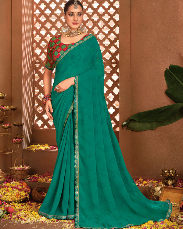 Vishal Prints Deep Sea Green Printed Georgette Saree With Fancy Border