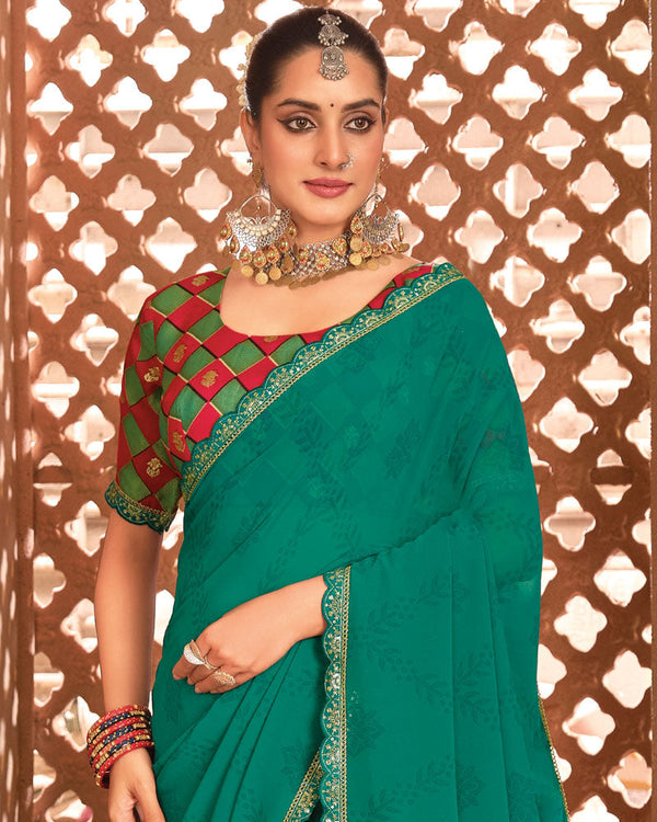 Vishal Prints Deep Sea Green Printed Georgette Saree With Fancy Border