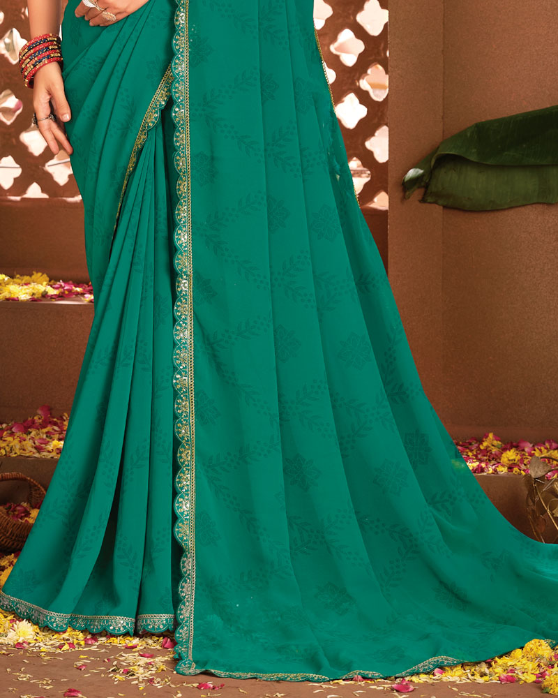 Vishal Prints Deep Sea Green Printed Georgette Saree With Fancy Border